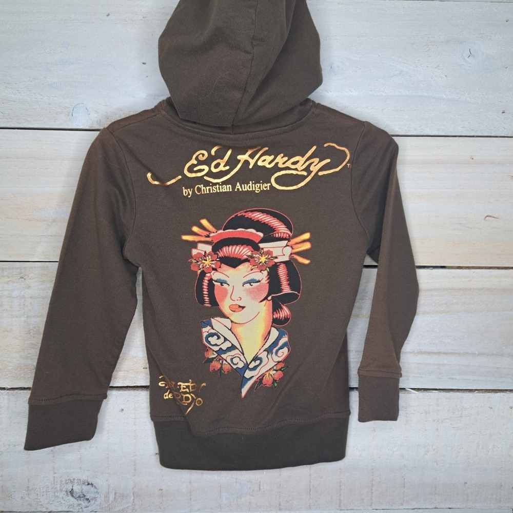 NWT RARE Y2k Ed Hardy Kids Geisha Swallow Forever Brown Zip Hoodie‎ Size 2